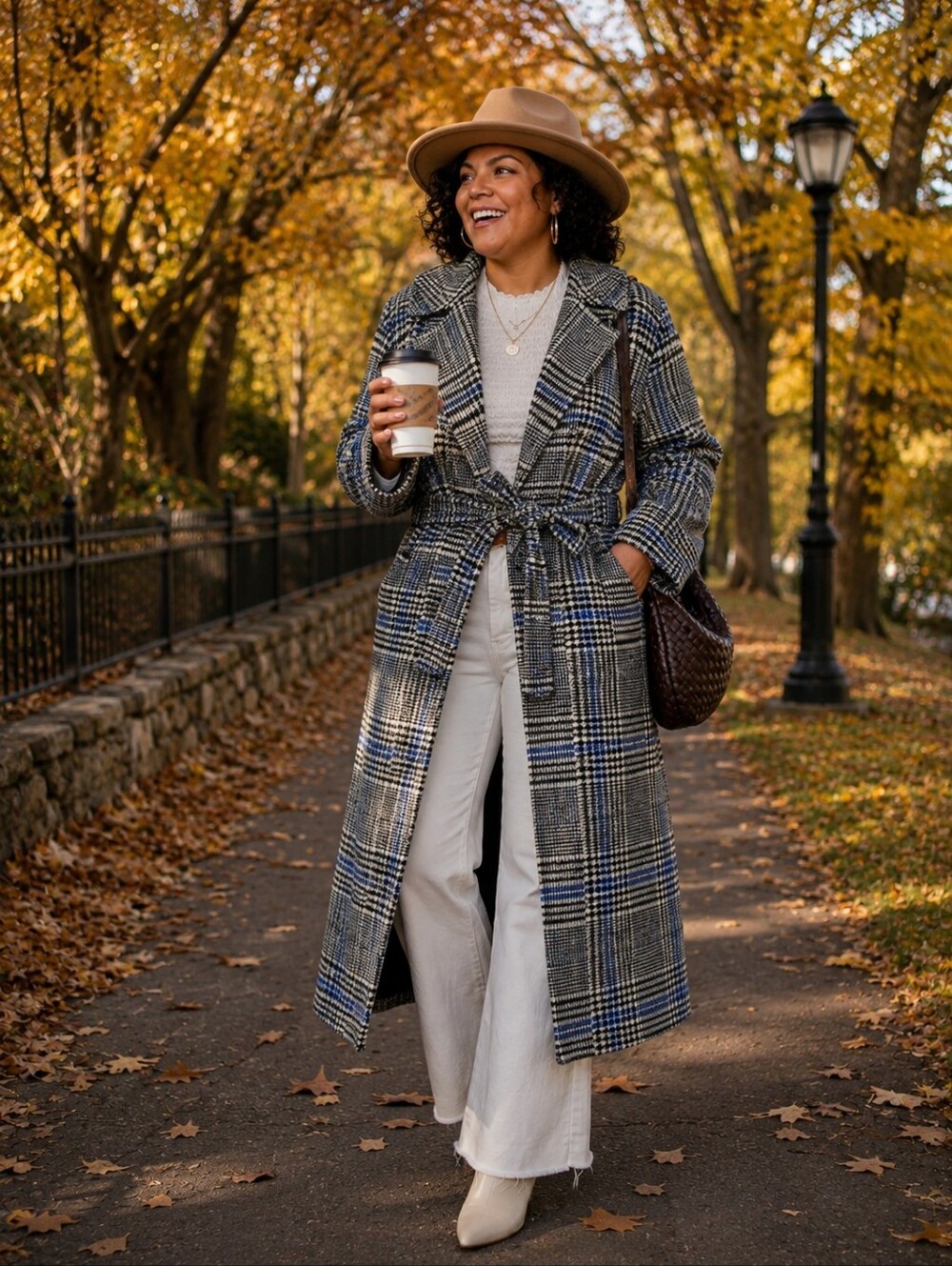 Eloquii Black, White & Blue Glen Plaid Trench Coat